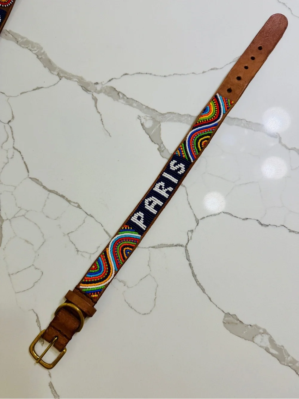 Hand-Beaded Leather Dog Collar with Multicolor Seed Beads - PARIS
